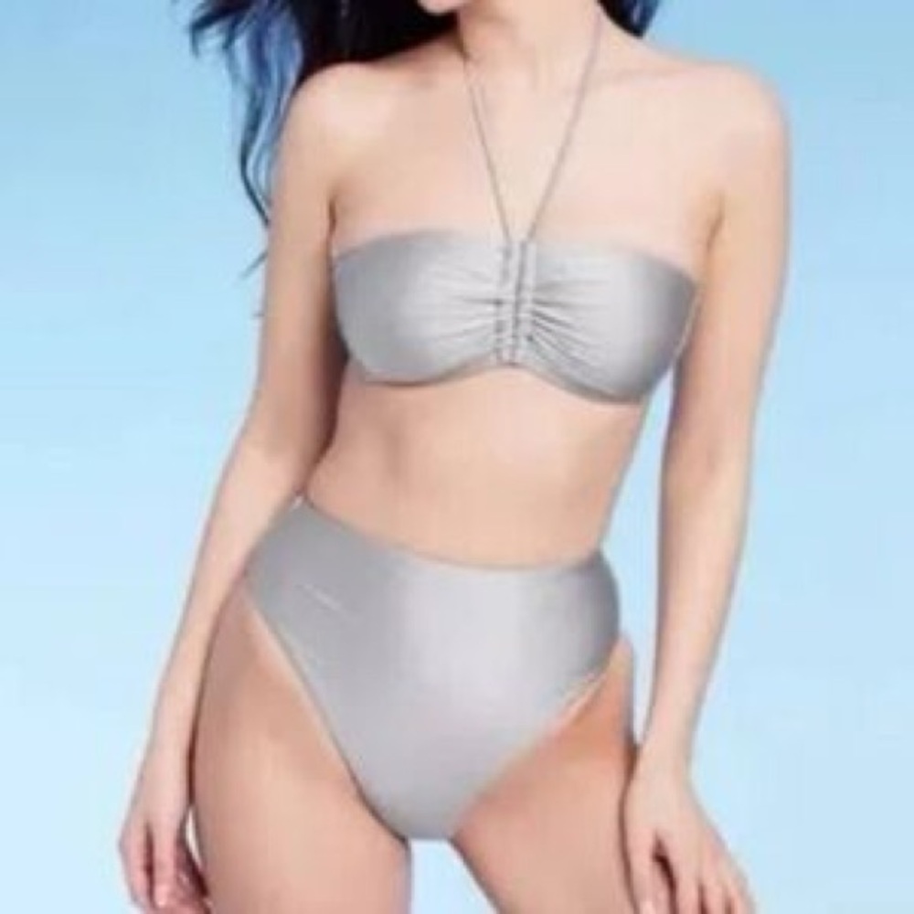 Shade & Shore NWT Silver purple metallic Bandeau halter Bikini swimsuit Set XS
